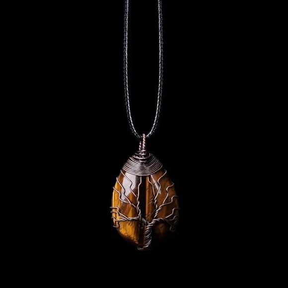 Tiger Eye Natural Gemstone Tree Of Life Copper Wire Wrap Pendant Necklace - Picture 2 of 3
